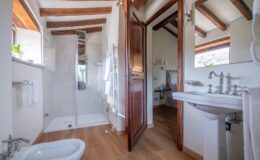 Modern bathroom interior featuring a walk-in shower with glass doors, elegant wooden beams, and stylish fixtures. The space includes a white sink with chrome faucets, a bidet, and a towel rack, complemented by warm wooden flooring and natural light from a window.