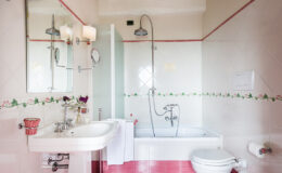 Bright and modern bathroom featuring a bathtub with shower, a stylish sink with a large mirror, and decorative floral accents along the tiles. The space is well-lit with overhead lighting and includes essential fixtures like a toilet and towel rack.