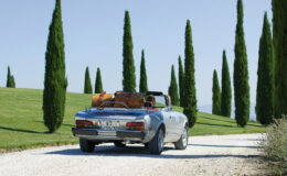 Classic convertible car parked on a gravel road surrounded by tall cypress trees and lush green grass, suggesting a scenic countryside getaway. The car features vintage luggage on the back, enhancing the travel theme.