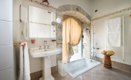 Bright and elegant bathroom featuring a vintage pedestal sink, stone archway, and a marble shower area. Natural light filters through a curtain, highlighting the decorative elements, including a woven basket and neatly arranged towels. Ideal for showcasing a stylish and functional bathroom design.