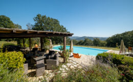 Scenic view of a luxury outdoor pool area surrounded by lush greenery, featuring a shaded seating area with wicker furniture and colorful flowers in the foreground. The clear blue sky and distant hills create a tranquil atmosphere perfect for relaxation.