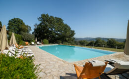 Scenic outdoor swimming pool surrounded by lounge chairs and umbrellas, set against a backdrop of lush greenery and rolling hills under a clear blue sky. Ideal for relaxation and leisure.
