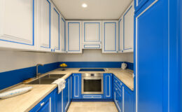 Modern kitchen with blue and white cabinetry, featuring a stainless steel oven, sink, and countertop. The design showcases a stylish blend of colors and efficient layout for cooking and dining.