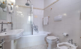 Modern bathroom featuring a bathtub with a shower, white tiled walls, a pedestal sink, a toilet, and a bidet. The space is well-lit with decorative accents and neatly arranged towels. Ideal for showcasing contemporary bathroom design.