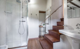 Modern bathroom featuring a glass shower enclosure, wooden staircase, and stylish sink. The space includes a heated towel rack and a small decorative plant, creating a warm and inviting atmosphere.