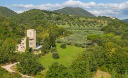 Scenic view of a historic stone tower house surrounded by lush greenery and rolling hills, featuring olive groves and trees under a partly cloudy sky. Ideal for showcasing rural architecture and natural landscapes.
