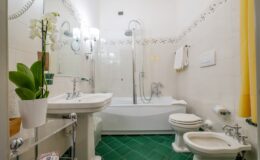 Modern bathroom featuring a white sink, elegant fixtures, a bathtub with a shower, and green tiled flooring. Decorated with a potted orchid and towels, creating a clean and inviting atmosphere.