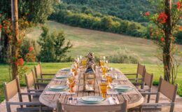 Outdoor dining setup on a wooden table with elegant glassware and plates, surrounded by lush greenery and flowers, creating a picturesque setting for a gathering or celebration.