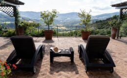 Two lounge chairs on a patio overlooking a scenic landscape with rolling hills and greenery. A small table holds a straw hat and two glasses, surrounded by potted plants. Ideal for relaxation and enjoying nature.
