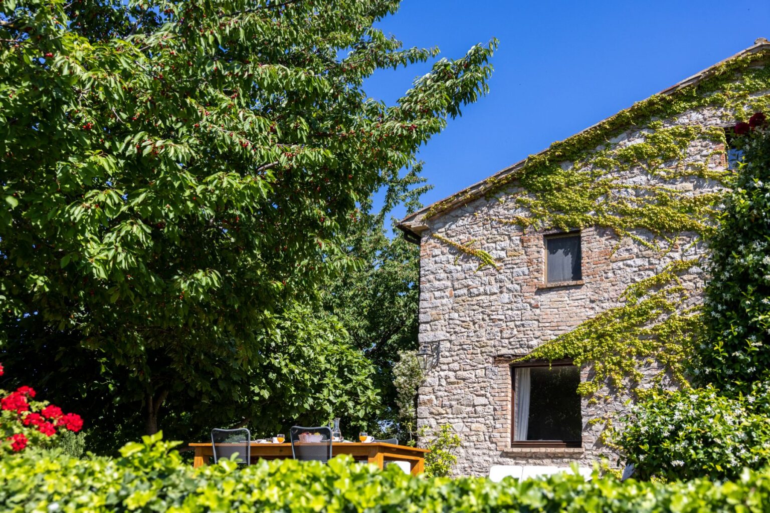 Charming stone house surrounded by lush greenery and vibrant flowers, featuring a sunny patio with outdoor seating and a clear blue sky. Ideal for a serene getaway or outdoor dining experience. | Only on SopranoVillas