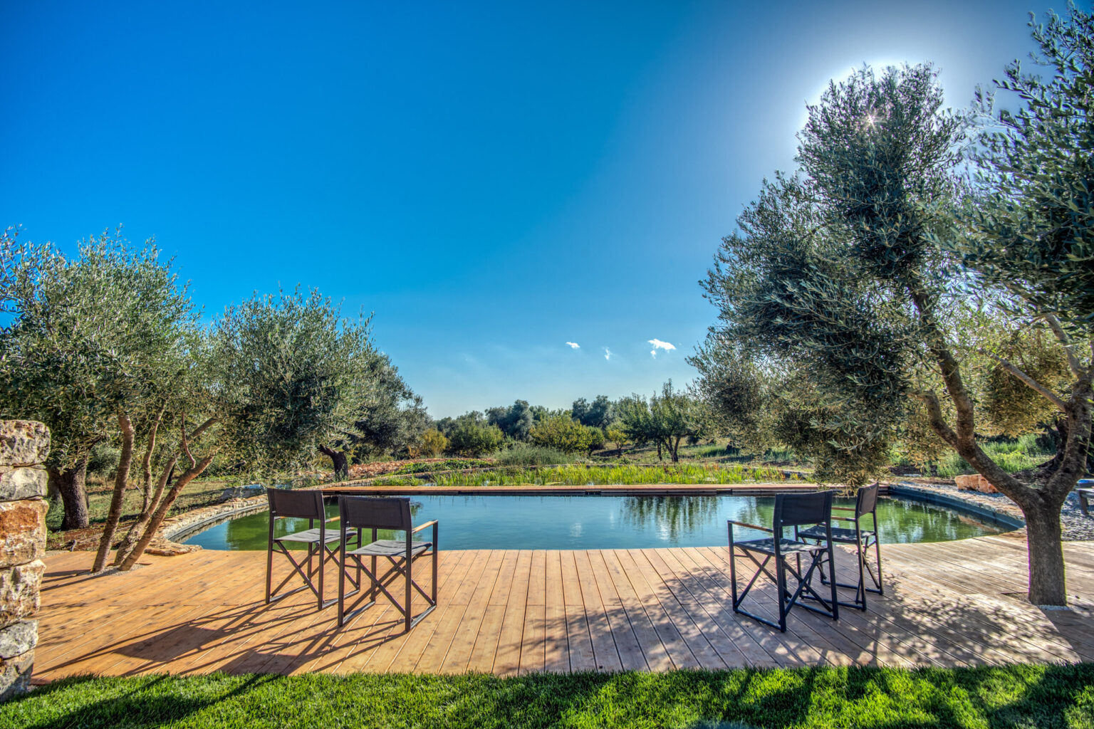 Serene outdoor seating area with two chairs overlooking a tranquil pond surrounded by olive trees, under a clear blue sky. Perfect for relaxation and enjoying nature. | Only on SopranoVillas