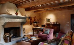Cozy living room featuring a stone fireplace with a decorative flower vase, rustic wooden beams, and artistic wall murals. The space includes a colorful sofa, a plush armchair, a wooden desk, and a bookshelf, creating an inviting atmosphere for relaxation and conversation.