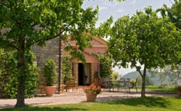 Charming countryside villa with a stone exterior, surrounded by lush greenery and blooming flowers, featuring outdoor seating and a scenic view of the mountains. Ideal for relaxation and enjoying nature.