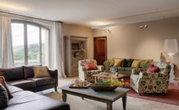 Cozy living room featuring a mix of modern and vintage furniture, including a leather sofa, floral armchairs, and a green couch with decorative pillows. A wooden coffee table holds a tray with tea service and flowers, while large windows provide natural light and scenic views.