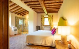 Cozy bedroom featuring a queen-sized bed with colorful accent pillows, warm wooden beams, and a modern en-suite bathroom with a glass shower. The room is adorned with floral curtains and a stylish lamp, creating a welcoming atmosphere.