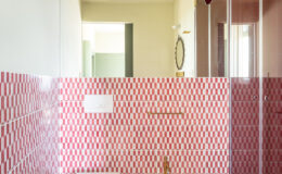 Modern bathroom design featuring a bidet and toilet with elegant gold fixtures, surrounded by vibrant red and white patterned tiles. A large mirror reflects the spacious layout, complemented by a glass shower enclosure.