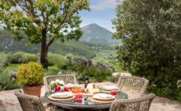 Outdoor dining setup on a terrace with a scenic view of rolling hills and mountains. The table is adorned with fresh flowers, plates, and vibrant drinks, creating an inviting atmosphere for a meal in nature.