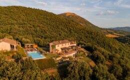 Aerial view of a rustic villa surrounded by lush green hills, featuring a swimming pool and outdoor seating areas, ideal for relaxation and vacation in a picturesque landscape.