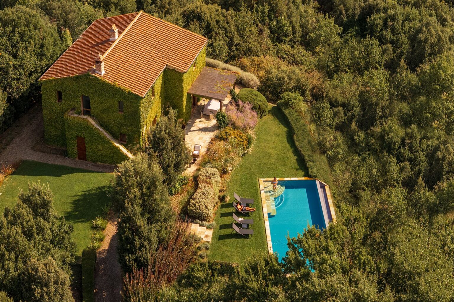 Aerial view of a charming green-covered house with a swimming pool, surrounded by lush gardens and trees, perfect for a serene getaway. | Only on SopranoVillas