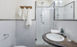 Modern bathroom featuring a glass shower enclosure, white towels hanging on a wooden rack, a round sink on a dark countertop, and a green soap dispenser. The clean design emphasizes functionality and style, ideal for a contemporary home.