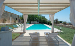 Luxurious outdoor area featuring a serene swimming pool surrounded by sun loungers and lush greenery, with a view of a rustic stone house under a shaded pergola. Ideal for relaxation and leisure in a tranquil setting.