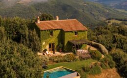 Charming countryside villa covered in lush green ivy, featuring a swimming pool and surrounded by vibrant gardens, set against a backdrop of rolling hills and mountains.