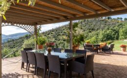 Outdoor dining area with a large glass table and wicker chairs, surrounded by lush greenery and potted plants, offering scenic views of rolling hills and a relaxing atmosphere.