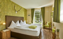 Cozy hotel bedroom featuring two beds with white linens and green accent pillows, adorned with a stylish green wallpaper, wooden furniture, and large windows allowing natural light. Ideal for a relaxing stay.