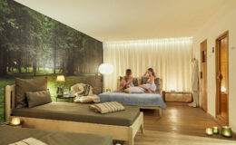Cozy bedroom with a forest-themed wall mural, two women relaxing on a bed, soft lighting, and natural decor elements, creating a serene atmosphere for relaxation and comfort.