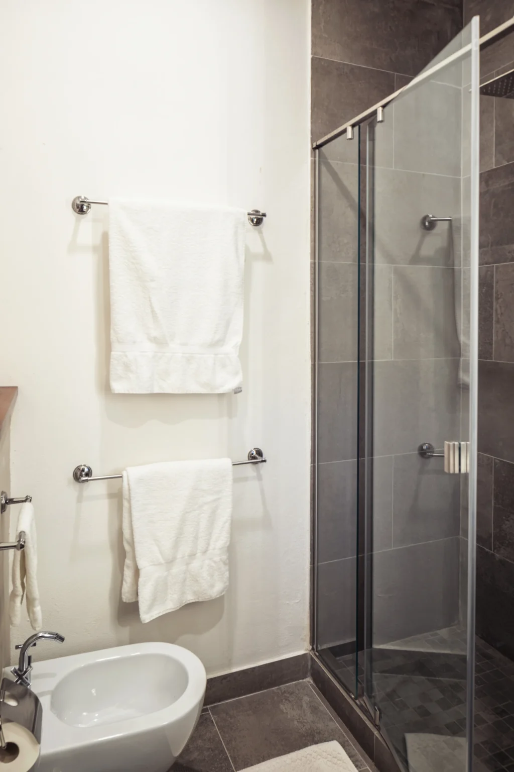 Modern bathroom interior featuring a glass shower enclosure, white towels hanging on a rack, and a minimalist design with neutral tones. | Only on SopranoVillas