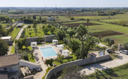 Aerial view of a serene countryside villa featuring a swimming pool surrounded by lush gardens, palm trees, and farmland, ideal for relaxation and outdoor activities.