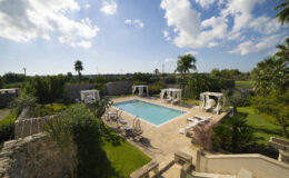 Beautiful outdoor pool surrounded by lush greenery and palm trees, featuring comfortable lounge chairs and shaded cabanas under a clear blue sky. Ideal for relaxation and leisure.