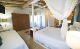 Cozy bedroom featuring a modern four-poster bed with white linens, a comfortable single bed, stylish wooden furniture, and natural light from large windows. The room is decorated with soft colors and contemporary design elements, creating a relaxing atmosphere.