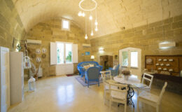 Cozy living space with a stone arched ceiling, featuring blue furniture, a glass dining table, and decorative elements like hats and plants. Natural light streams in through large windows, enhancing the inviting atmosphere. Perfect for relaxation or entertaining guests.