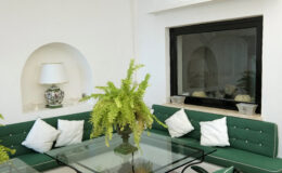 Cozy indoor seating area featuring a green upholstered couch with white pillows, a glass coffee table, and a decorative fern plant. A modern fireplace and wall lamp enhance the inviting atmosphere of the space.