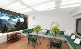 Elegant outdoor patio featuring a glass dining table surrounded by green chairs, adorned with potted ferns and cozy cushions. The space is shaded by a white canopy, offering a scenic view of lush trees and mountains in the background, perfect for relaxation and entertaining.