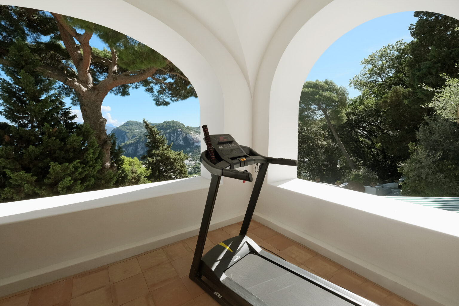 Treadmill positioned in a bright, airy room with large arched windows showcasing a scenic view of mountains and lush greenery. Ideal for home workouts with a serene outdoor backdrop. | Only on SopranoVillas