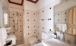 Modern bathroom design featuring a glass shower, elegant fixtures, and tasteful tile work. The space includes a bathtub, toilet, and a large mirror, creating a bright and inviting atmosphere.