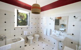 Bright and spacious bathroom featuring a bathtub, toilet, bidet, and sink with a large mirror. The room has white tiled walls with black accents and a red ceiling. Natural light floods in through a window, enhancing the modern aesthetic.
