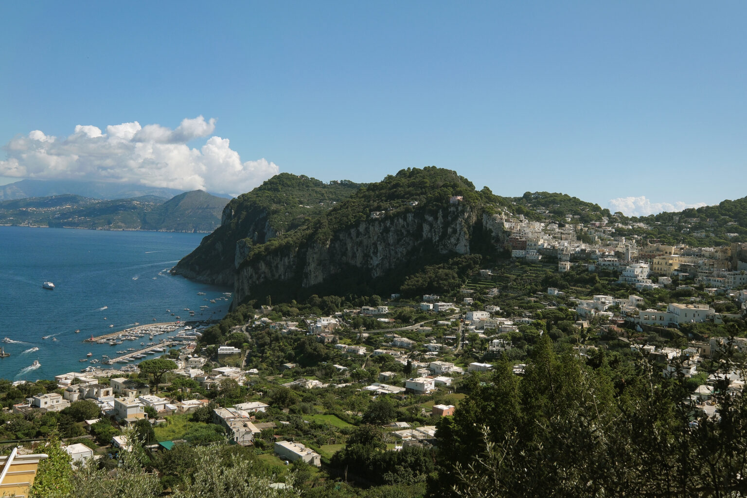 Scenic view of Capri, Italy, showcasing lush greenery, coastal cliffs, and a vibrant blue sea under a clear sky, with boats anchored in the harbor and charming white buildings nestled on the hillside. | Only on SopranoVillas
