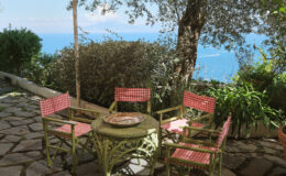Outdoor seating area with four vintage-style chairs and a round table, surrounded by lush greenery and a scenic view of the ocean. Perfect for relaxation or dining al fresco in a tranquil setting.