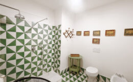 Modern bathroom featuring a unique green and white geometric tile design, a shower with a sleek fixture, a compact toilet, and decorative wall art. A small green side table adds a touch of color to the space.