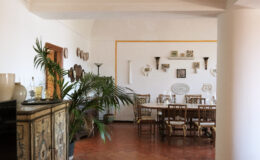 Spacious dining area featuring a wooden table surrounded by chairs, decorated with wall art and plants, showcasing a blend of modern and traditional interior design elements.