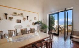 Dining room with a large wooden table, surrounded by elegant chairs, featuring decorative wall plates and a view of the outdoor terrace through open glass doors, showcasing a scenic landscape.
