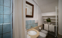 Modern bathroom featuring turquoise tiled walls, a round sink with a marble countertop, a mirror, and neatly arranged towels. The space includes a bidet, toilet, and a decorative plant, emphasizing a clean and inviting atmosphere. Ideal for showcasing interior design in home decor or rental listings.