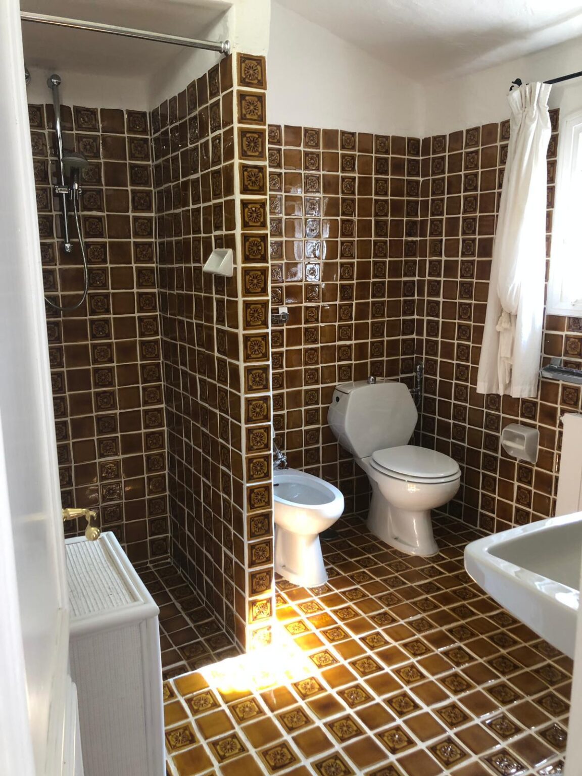 Modern bathroom featuring brown patterned tiles, a shower area with glass door, a toilet, and a sink. Natural light illuminates the space, highlighting the tiled floor and walls. | Only on SopranoVillas