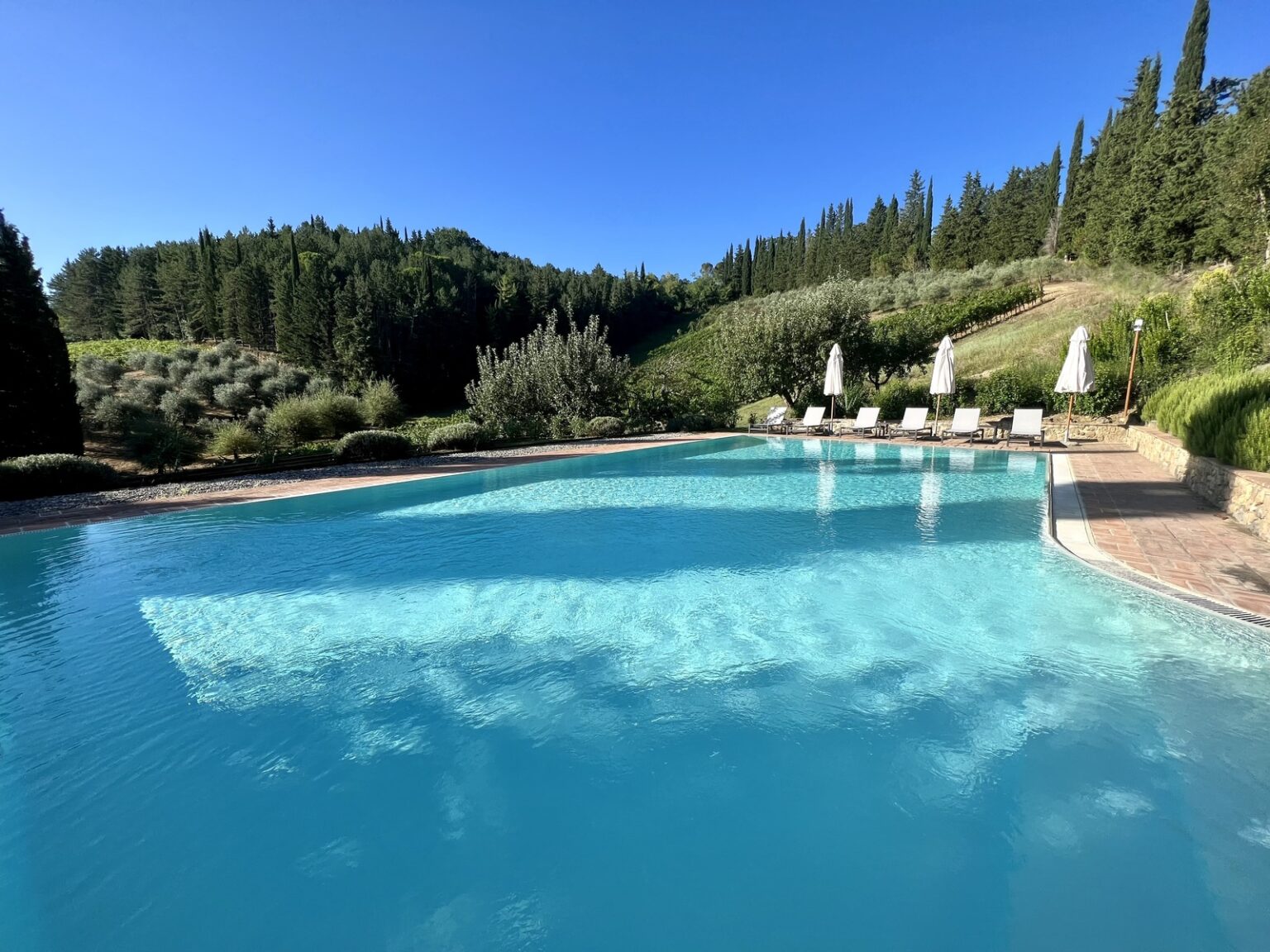 Scenic outdoor swimming pool surrounded by lush greenery and sun loungers, with a clear blue sky and rolling hills in the background. Ideal for relaxation and leisure in a tranquil setting. | Only on SopranoVillas