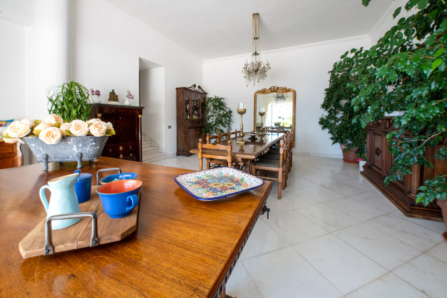 Bright dining room featuring a wooden table with colorful mugs, a decorative plate, and a bouquet of roses in a vase. Lush green plants and an ornate mirror complement the elegant decor. | Only on SopranoVillas