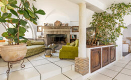 Cozy living room featuring a green sofa, a stone fireplace, and lush indoor plants, complemented by a tiled floor and wooden cabinetry. Ideal for a warm, inviting atmosphere.