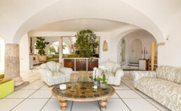 Spacious and bright living room featuring arched ceilings, comfortable patterned sofas, a decorative coffee table, and lush indoor plants, creating a serene and inviting atmosphere.